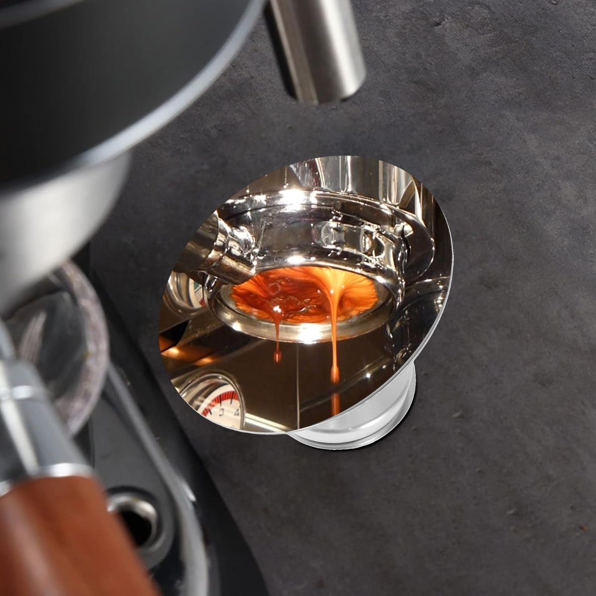Espresso Shot Mirror for Bottomless Portafilter - Shatterproof Stainless Steel Coffee Extraction Mirror with 360° Rotating Double Magnetic Base for Espresso Machine - Silver - Size 65mm