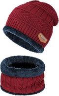 Warm Winter Beanie Hat & Scarf Set Stylish Knit Skull Cap for Men Women - Red - Size M
