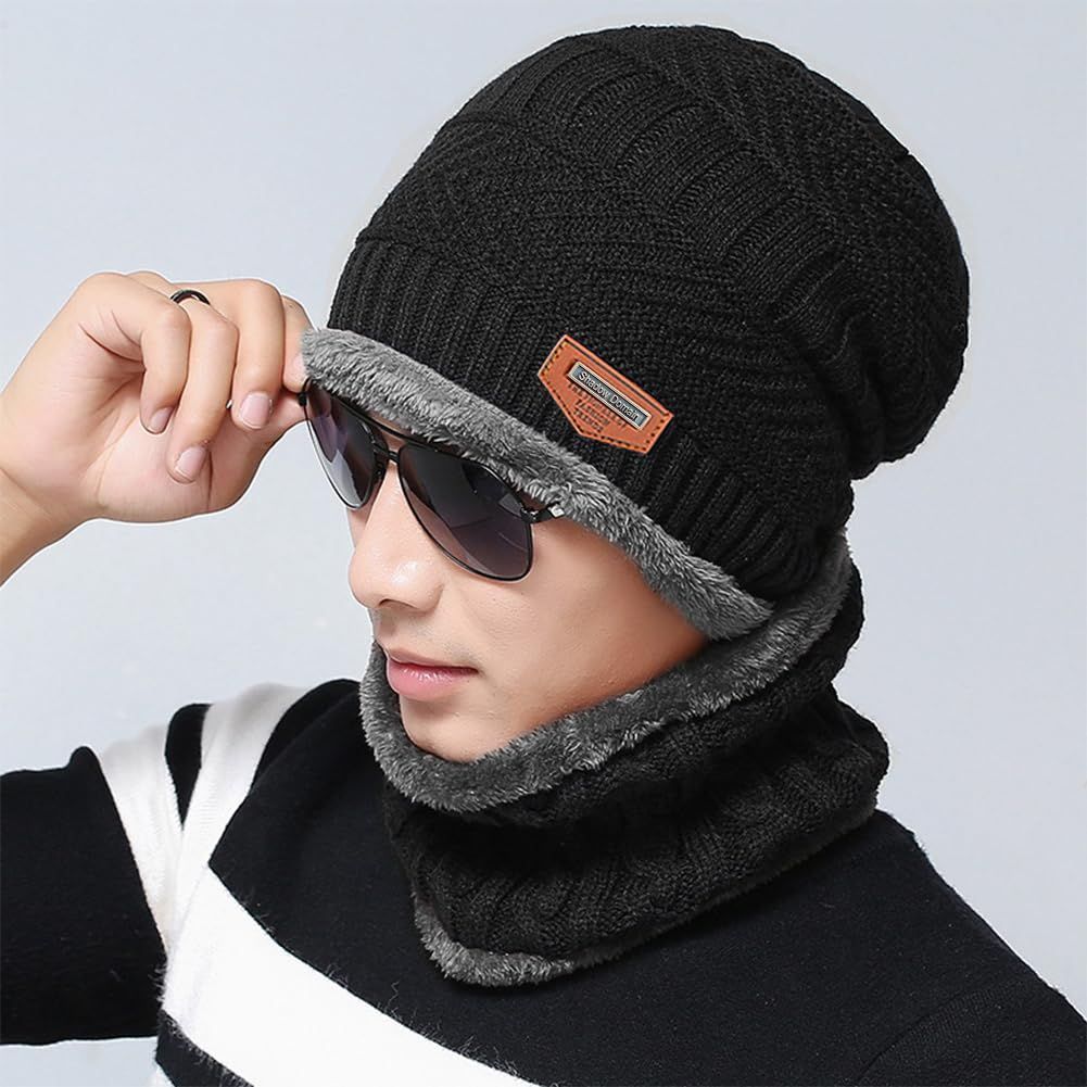 Warm Winter Beanie Hat & Scarf Set Stylish Knit Skull Cap for Men Women - Red - Size M