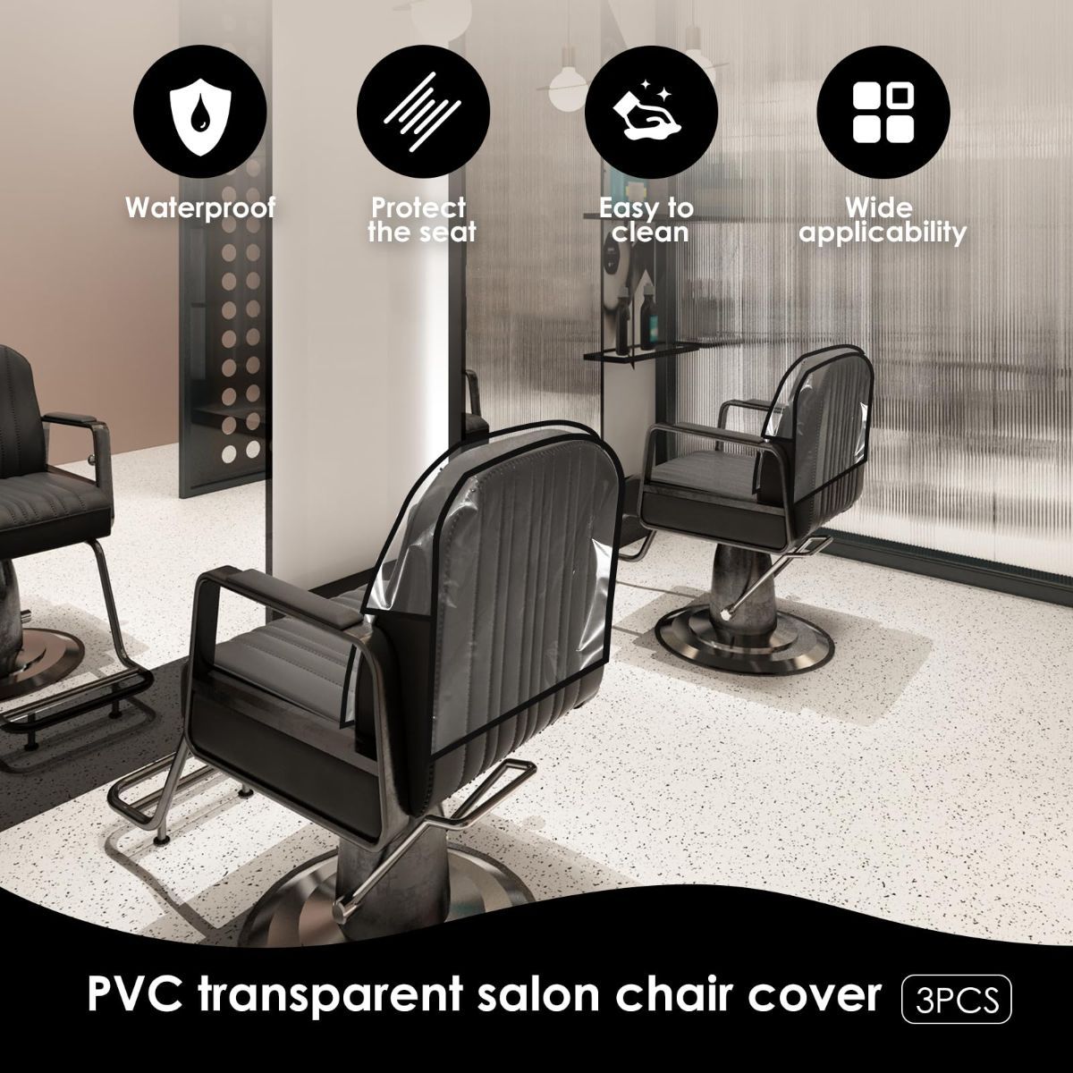 3Pcs Salon Chair Cover, PVC Clear Chair Back Covers, Waterproof Salon Chair Covers Protectors, Soft Salon Chair Back Cover, Fits Most Standard Salon Chairs Office Chairs, 20"x 15.7"x 4.7" - Black - Size 20in