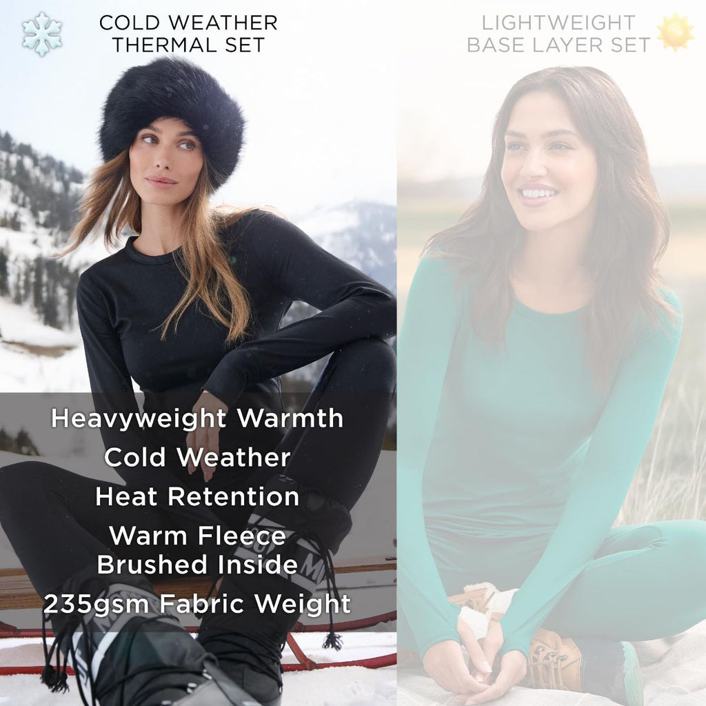 Cuddl Duds Womens Heavyweight Cold Weather Fleece Lined Thermal Set – Long Sleeve Top & Leggings - Winter Lounge Sets - Black - Size L