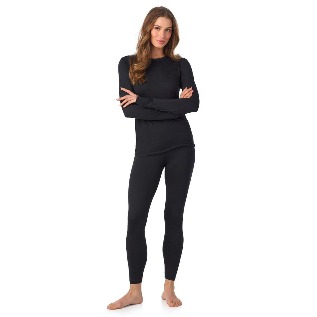 Cuddl Duds Womens Heavyweight Cold Weather Fleece Lined Thermal Set – Long Sleeve Top & Leggings - Winter Lounge Sets - Black - Size M