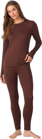 Cuddl Duds Womens Heavyweight Cold Weather Fleece Lined Thermal Set – Long Sleeve Top & Leggings - Winter Lounge Sets - Brown - Size XXL