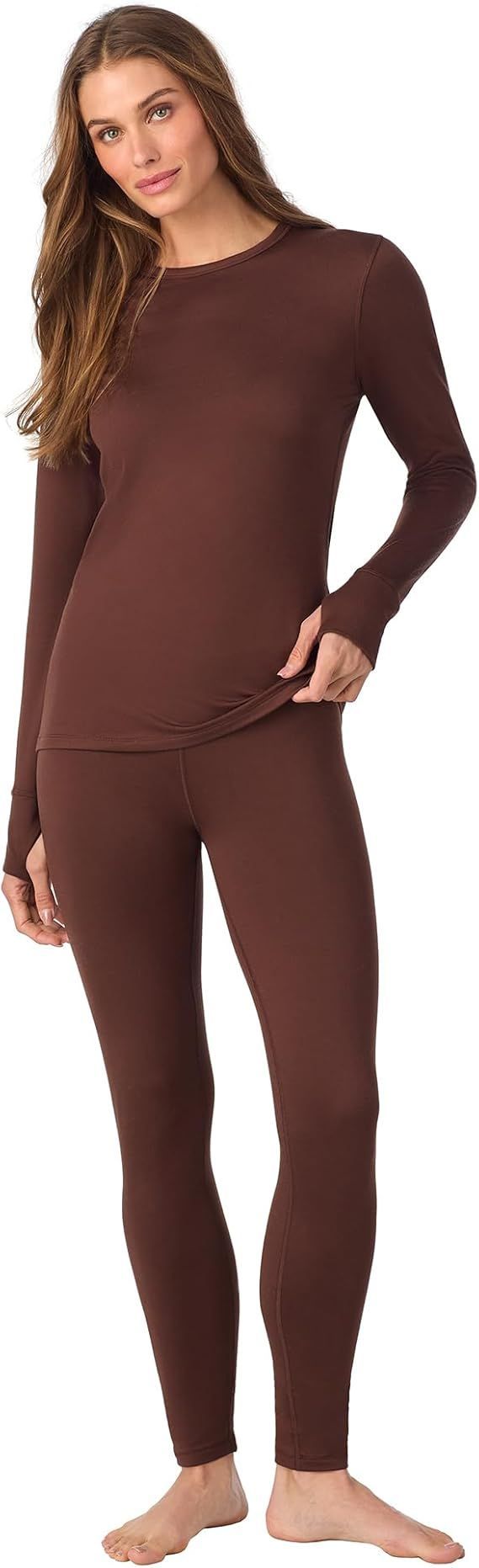 Cuddl Duds Womens Heavyweight Cold Weather Fleece Lined Thermal Set – Long Sleeve Top & Leggings - Winter Lounge Sets - Brown - Size XXL