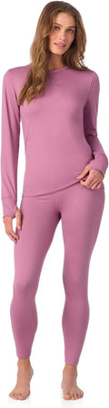 Cuddl Duds Womens Heavyweight Cold Weather Fleece Lined Thermal Set – Long Sleeve Top & Leggings - Winter Lounge Sets - Pink - Size XXL