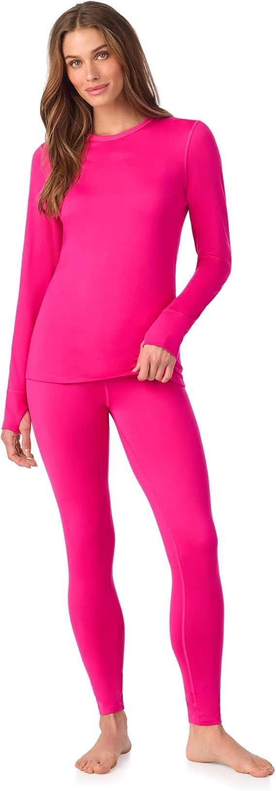 Cuddl Duds Womens Heavyweight Cold Weather Fleece Lined Thermal Set – Long Sleeve Top & Leggings - Winter Lounge Sets - Red - Size L