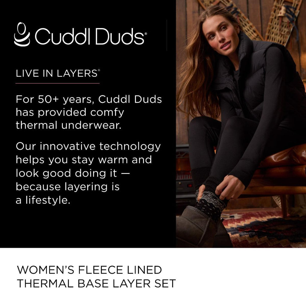 Cuddl Duds Womens Heavyweight Cold Weather Fleece Lined Thermal Set – Long Sleeve Top & Leggings - Winter Lounge Sets - White - Size M