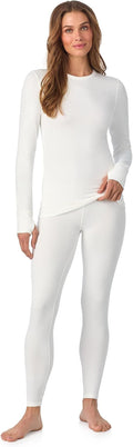 Cuddl Duds Womens Heavyweight Cold Weather Fleece Lined Thermal Set – Long Sleeve Top & Leggings - Winter Lounge Sets - White - Size XL