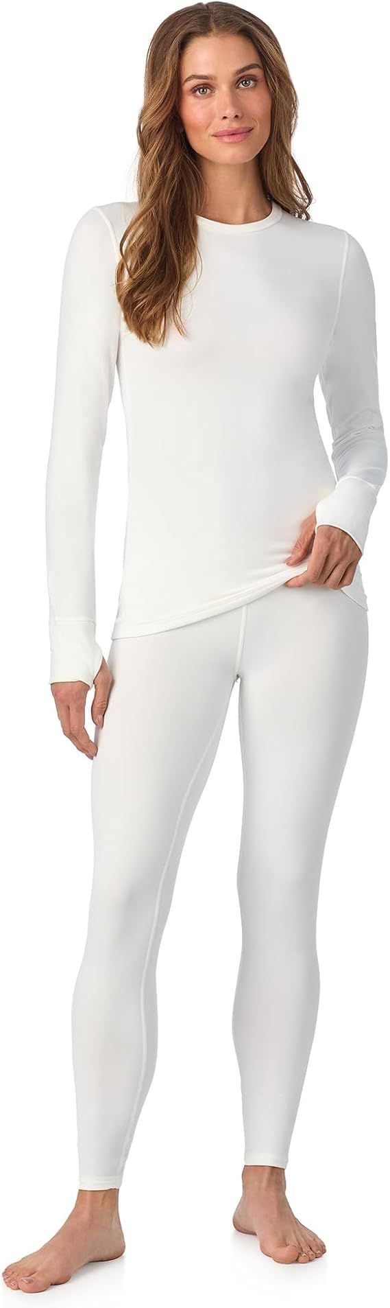 Cuddl Duds Womens Heavyweight Cold Weather Fleece Lined Thermal Set – Long Sleeve Top & Leggings - Winter Lounge Sets - White - Size XL
