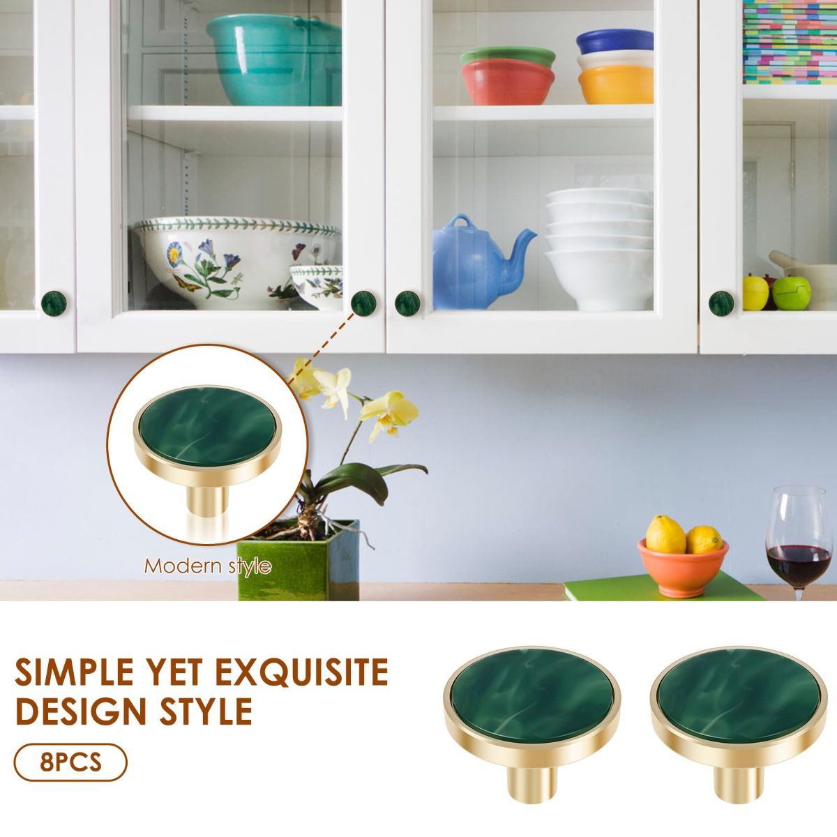 8Pcs Drawer Knob Set, Zinc Alloy Dresser Pull with Screws, Decorative Drawer Handle, Exquisite Furniture Knob for Closet Dresser Door - Green - Size 22mm