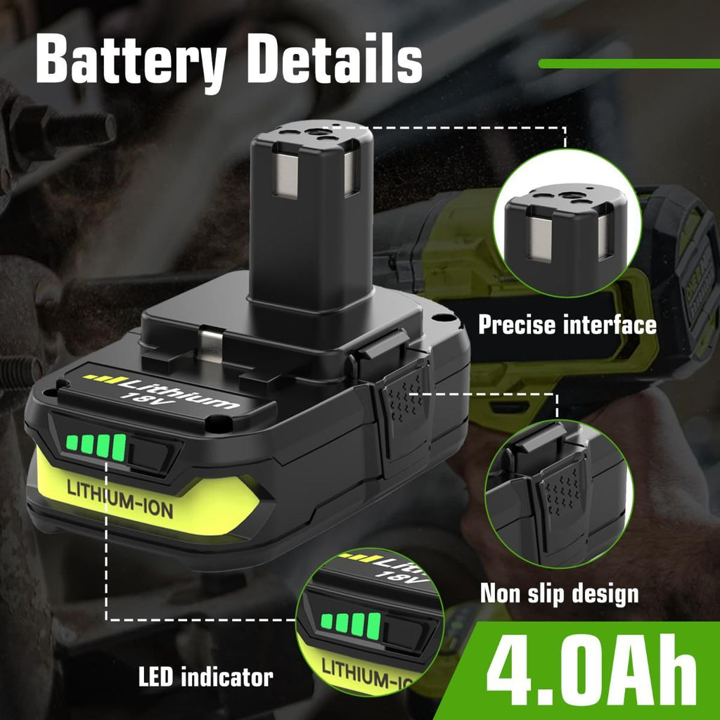 18V P108 Ryobi 18V Battery Replacement P117 Charger Lithium-Ion Battery Power - Black - Size Charger
