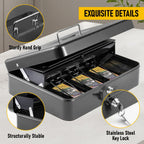 Lockable Cash Box with Coin Tray – Durable Metal Money Box with Key Lock for Bills & Change – Grey