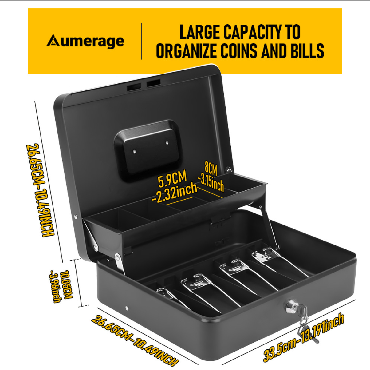 Cash Box With Security Locker And Security Cable, Money Box/Cash Tin With Money Tray For Saving Organizer-Black