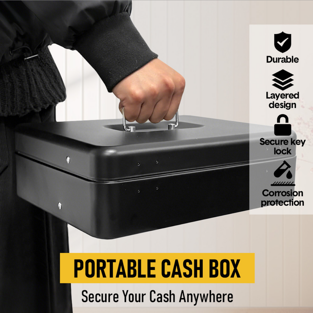 Cash Box With Security Locker And Security Cable, Money Box/Cash Tin With Money Tray For Saving Organizer-Grey