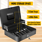 Cash Box With Security Locker And Security Cable, Money Box/Cash Tin With Money Tray For Saving Organizer-Red