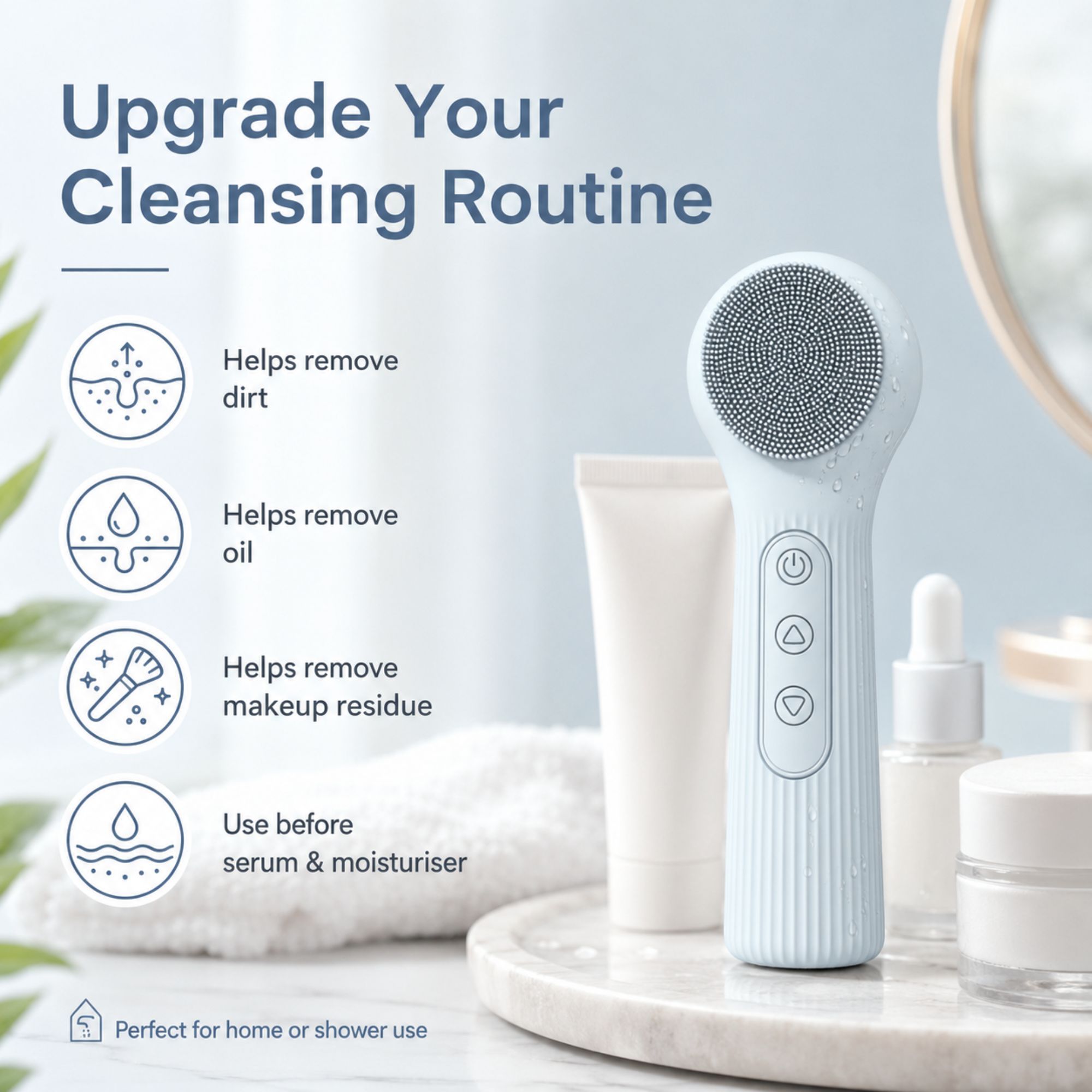 Silicone Facial Cleansing Brush Sonic Vibration Heating Waterproof Rechargeable-BLUE