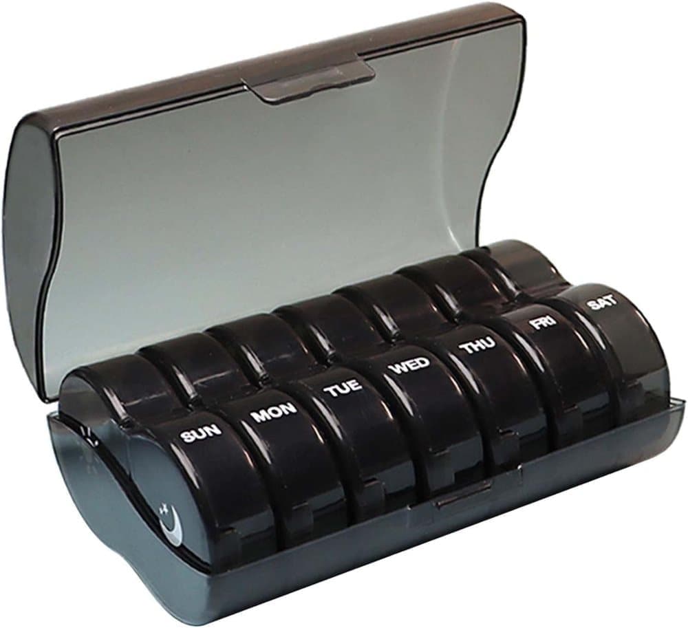 7-Day Round Medicine Dosett Storage with 7 Compartments, Black