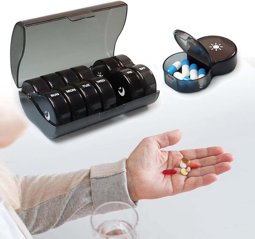 7-Day Round Medicine Dosett Storage with 7 Compartments, Black