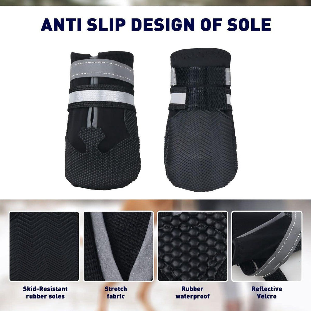 4 Piece Waterproof Dog Boots with Fleece Lining Non Slip Sole Black, Size XL