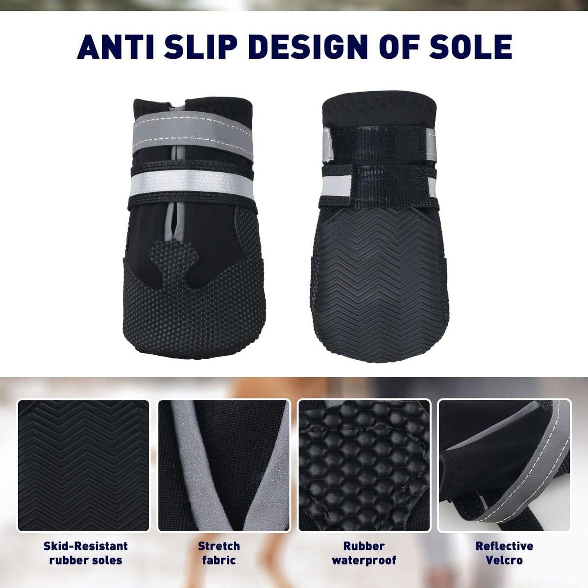 4 Piece Waterproof Dog Boots with Fleece Lining Non Slip Sole Black, Size XL
