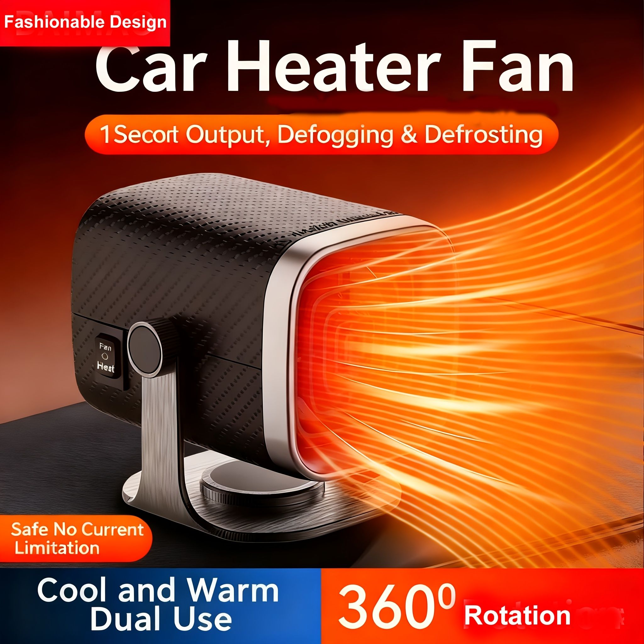 Portable Car Heater Defroster Dehumidifier with 360 Degree Base USB Connector Black, 12V