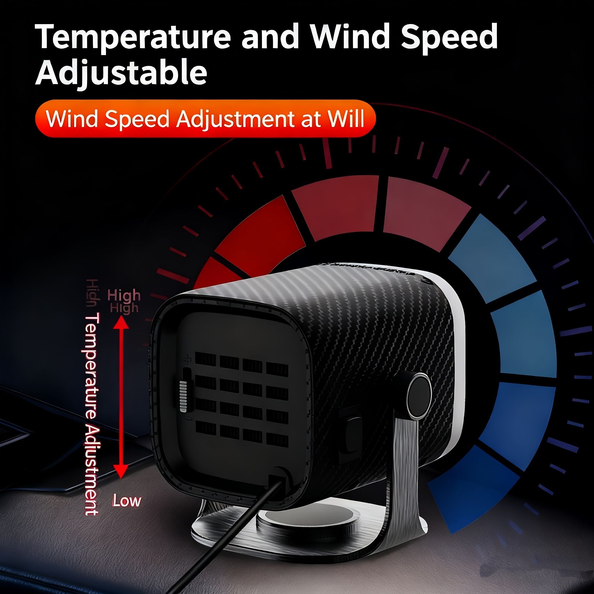 Portable Car Heater Defroster Dehumidifier with 360 Degree Base USB Connector Black, 12V