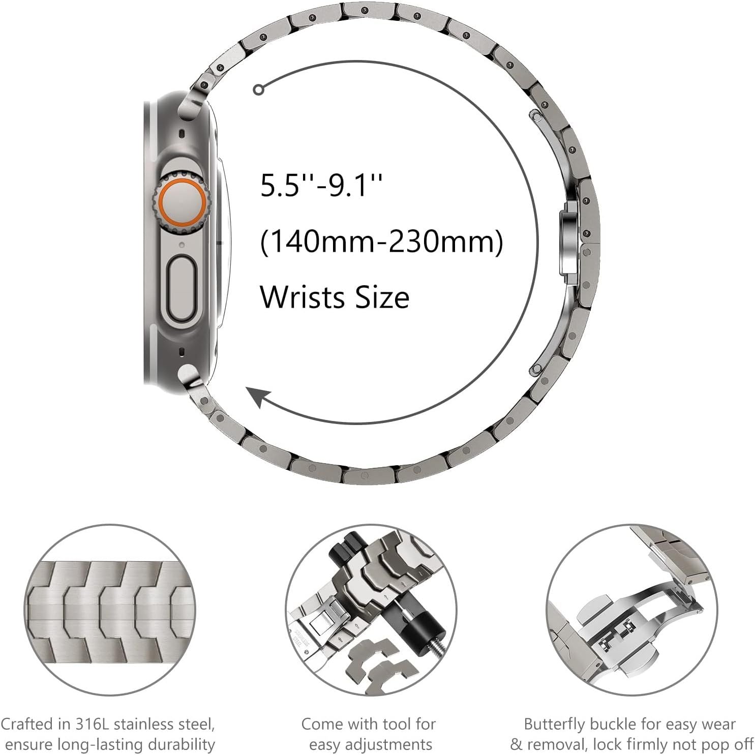 Stainless Steel Watch Band Compatible with Apple Watch Ultra Series Silver, 38mm/ 40mm/ 41mm