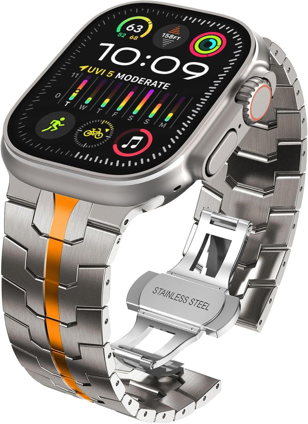 Stainless Steel Watch Band Compatible with Apple Watch Ultra Series Silver Orange, 38mm/ 40mm/ 41mm