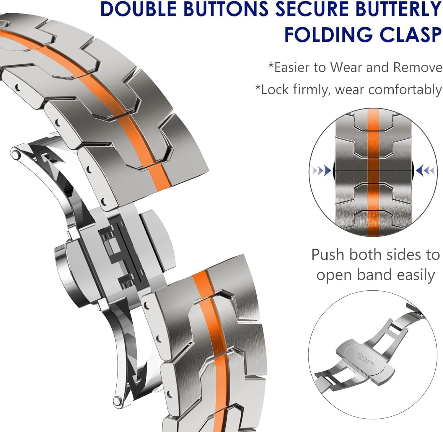 Stainless Steel Watch Band Compatible with Apple Watch Ultra Series Silver Orange, 38mm/ 40mm/ 41mm