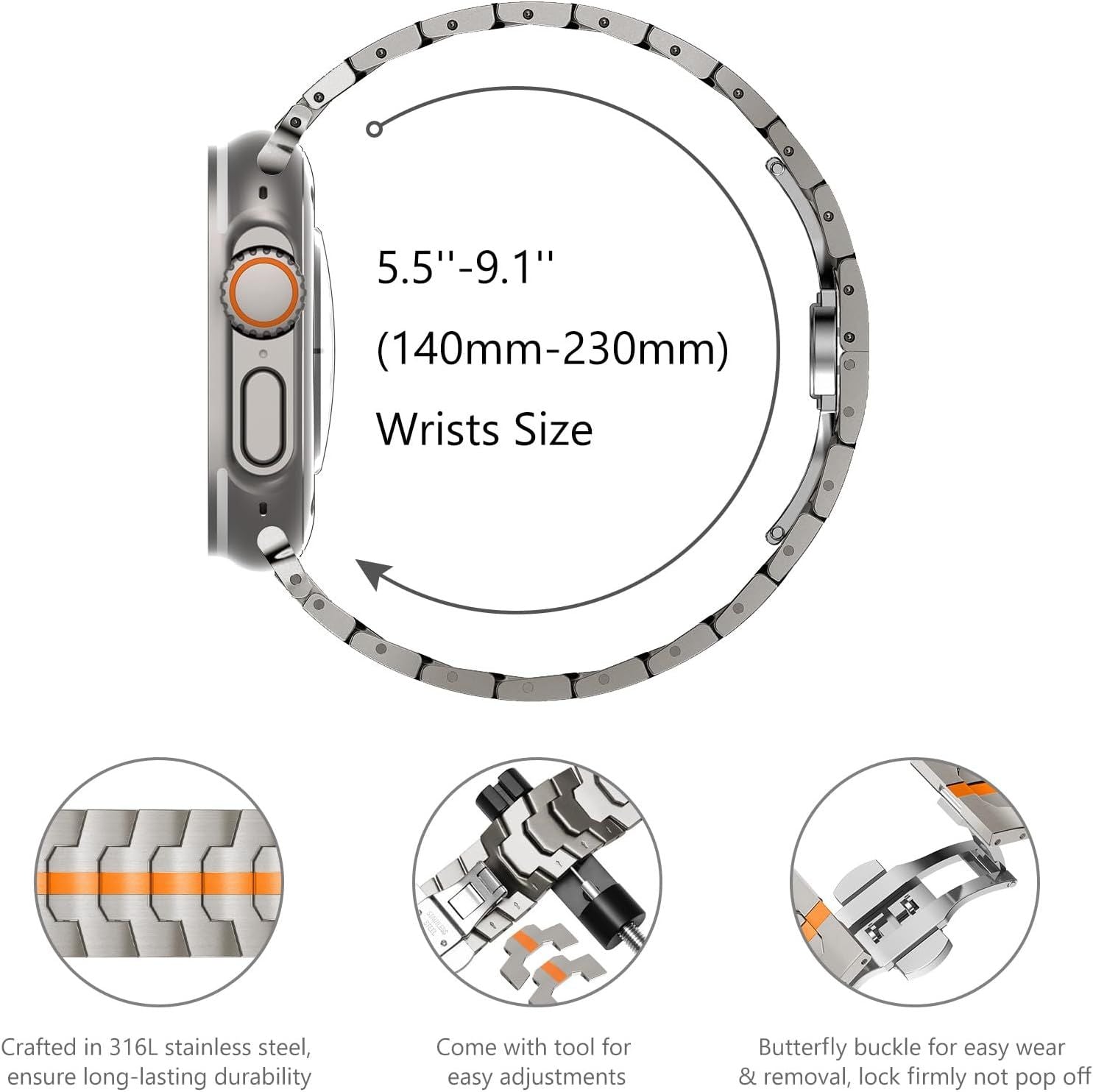 Stainless Steel Watch Band Compatible with Apple Watch Ultra Series Silver Orange, 38mm/ 40mm/ 41mm