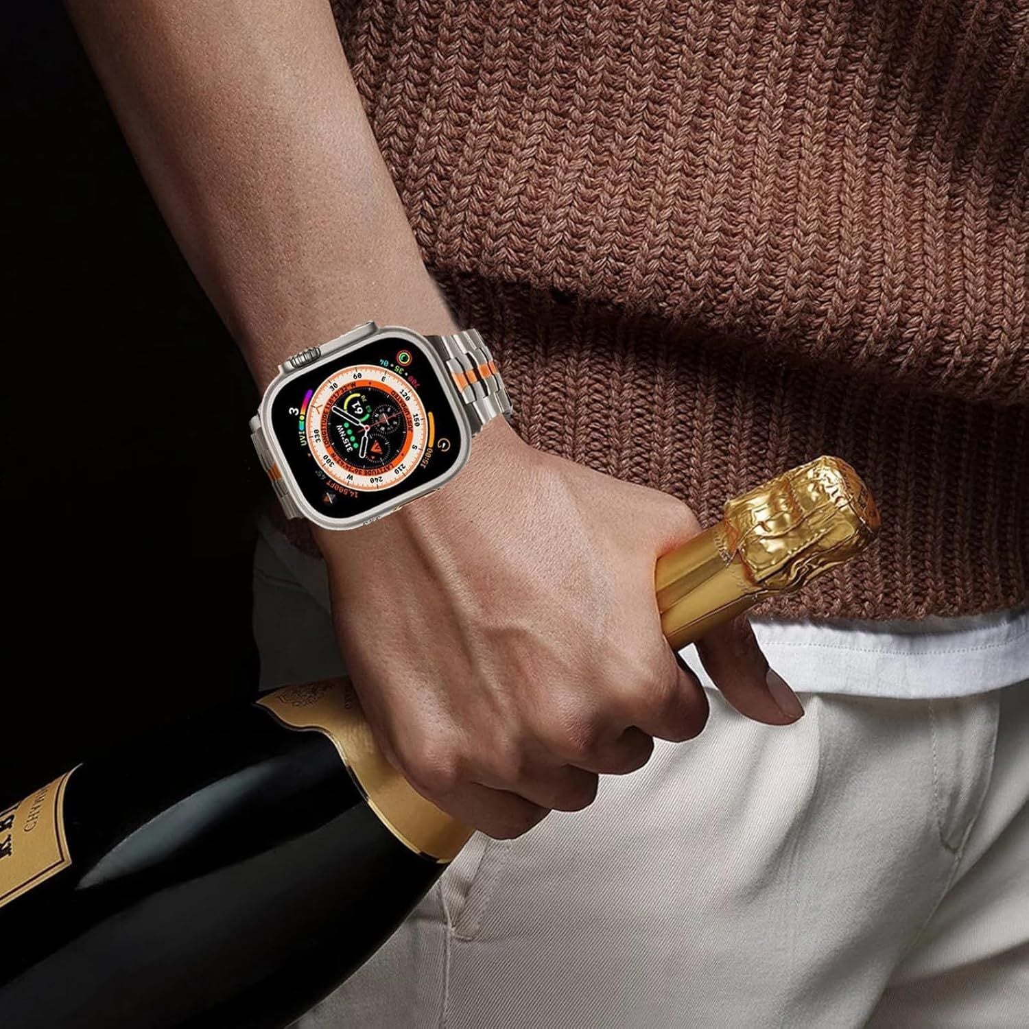 Stainless Steel Watch Band Compatible with Apple Watch Ultra Series Silver Orange, 38mm/ 40mm/ 41mm