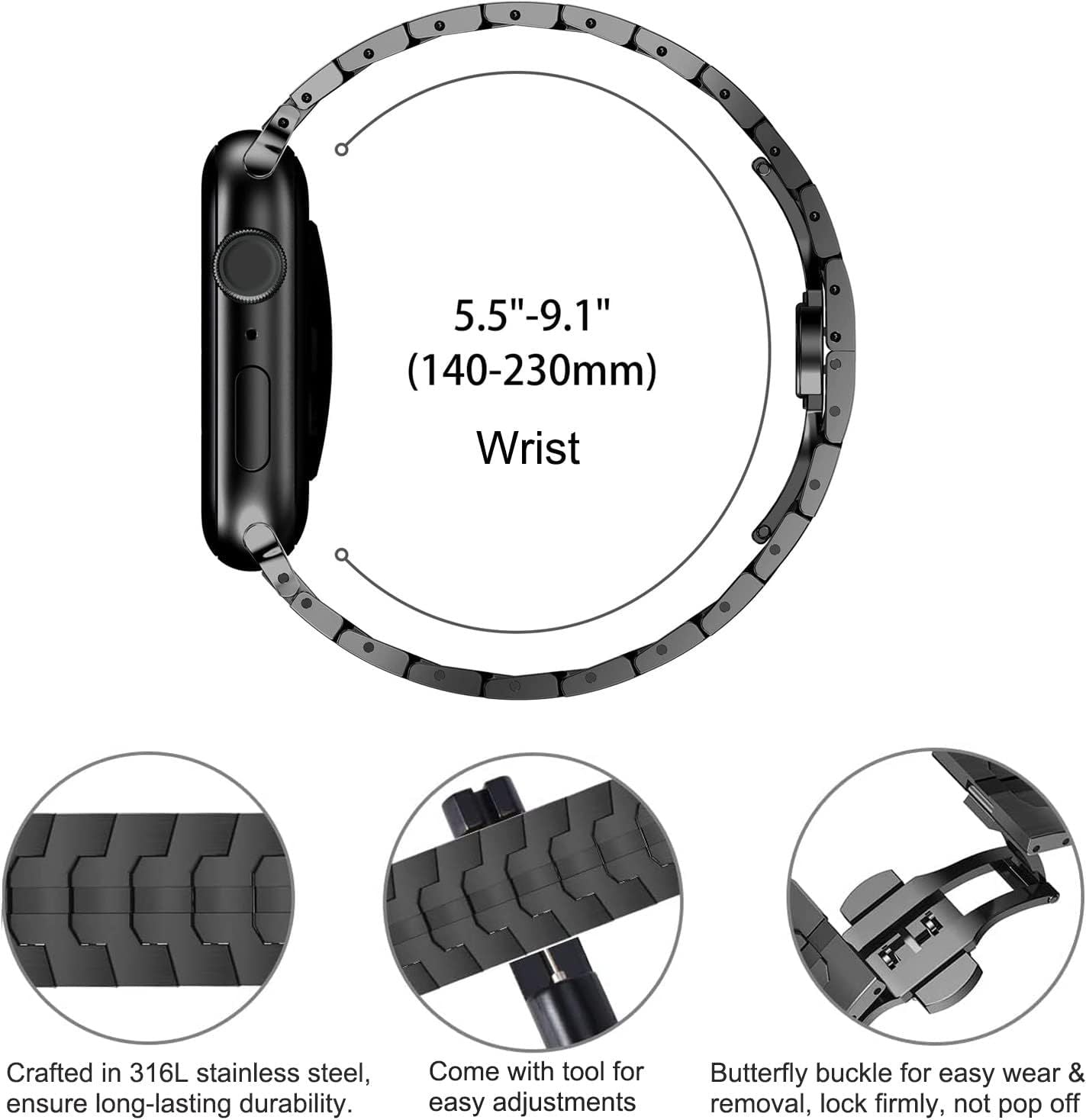 Stainless Steel Watch Band Compatible with Apple Watch Ultra Series Black, 42mm 44mm 45mm 49mm
