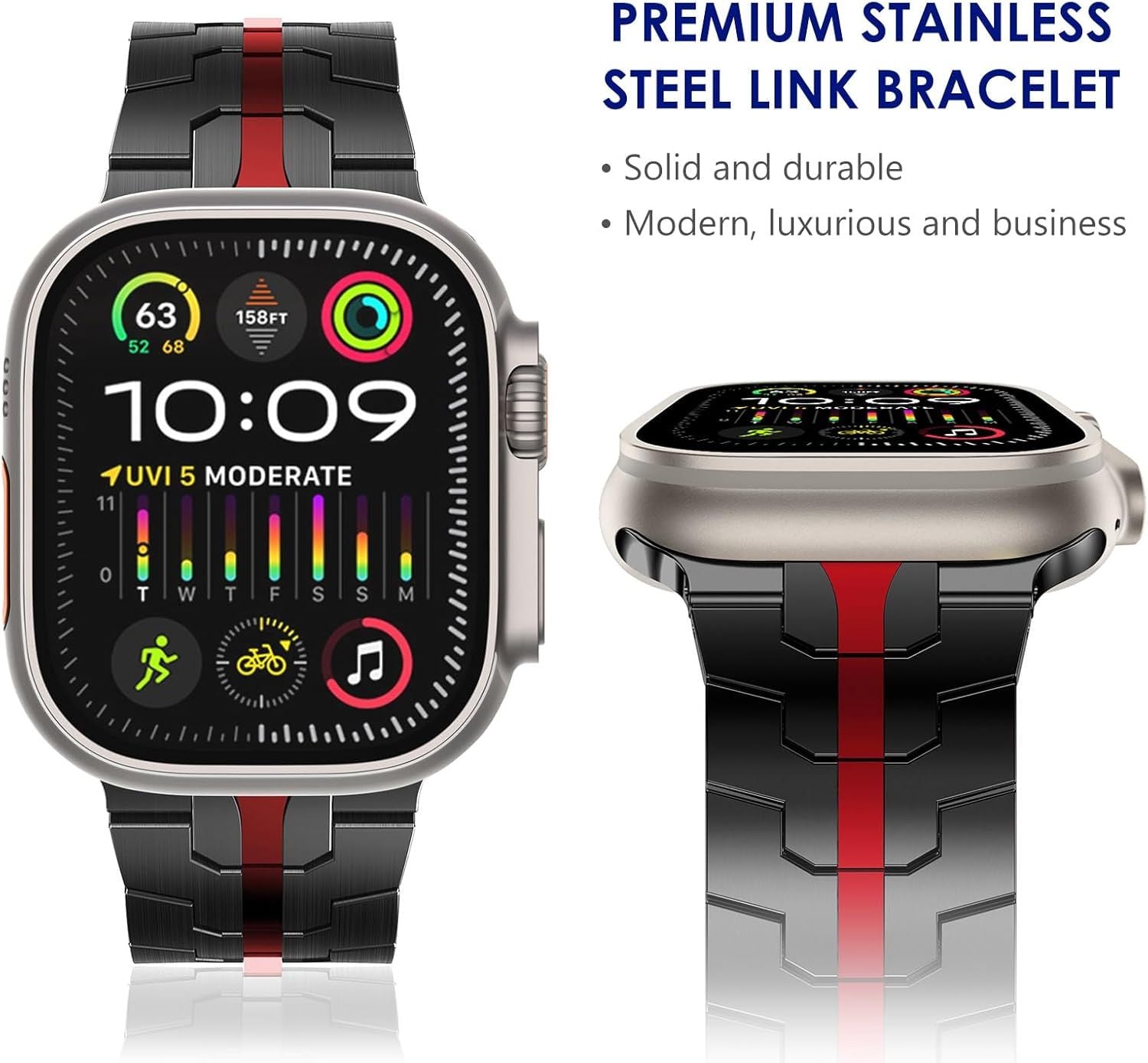 Stainless Steel Watch Band Compatible with Apple Watch Ultra Series Black Red, 42mm 44mm 45mm 49mm