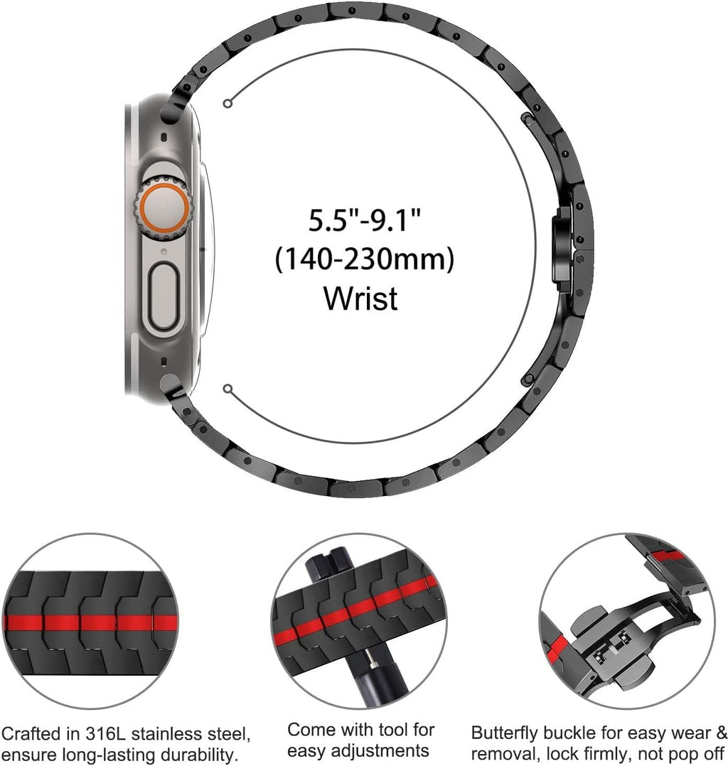 Stainless Steel Watch Band Compatible with Apple Watch Ultra Series Black Red, 42mm 44mm 45mm 49mm