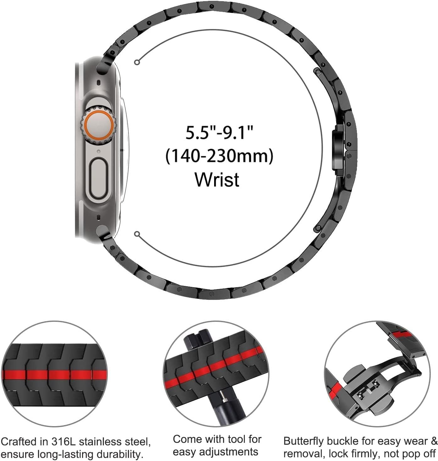 Stainless Steel Watch Band Compatible with Apple Watch Ultra Series Black Red, 42mm 44mm 45mm 49mm