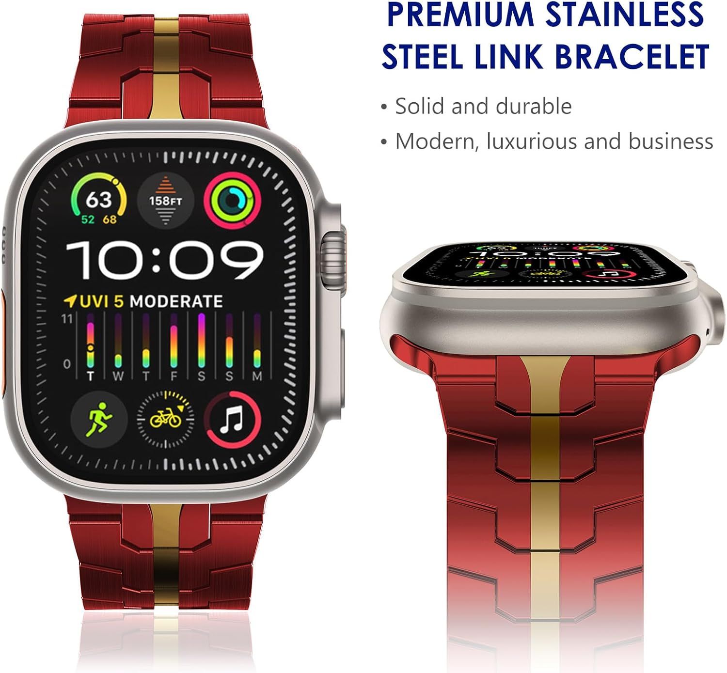 Stainless Steel Watch Band Compatible with Apple Watch Ultra Series Red Gold, 42mm 44mm 45mm 49mm