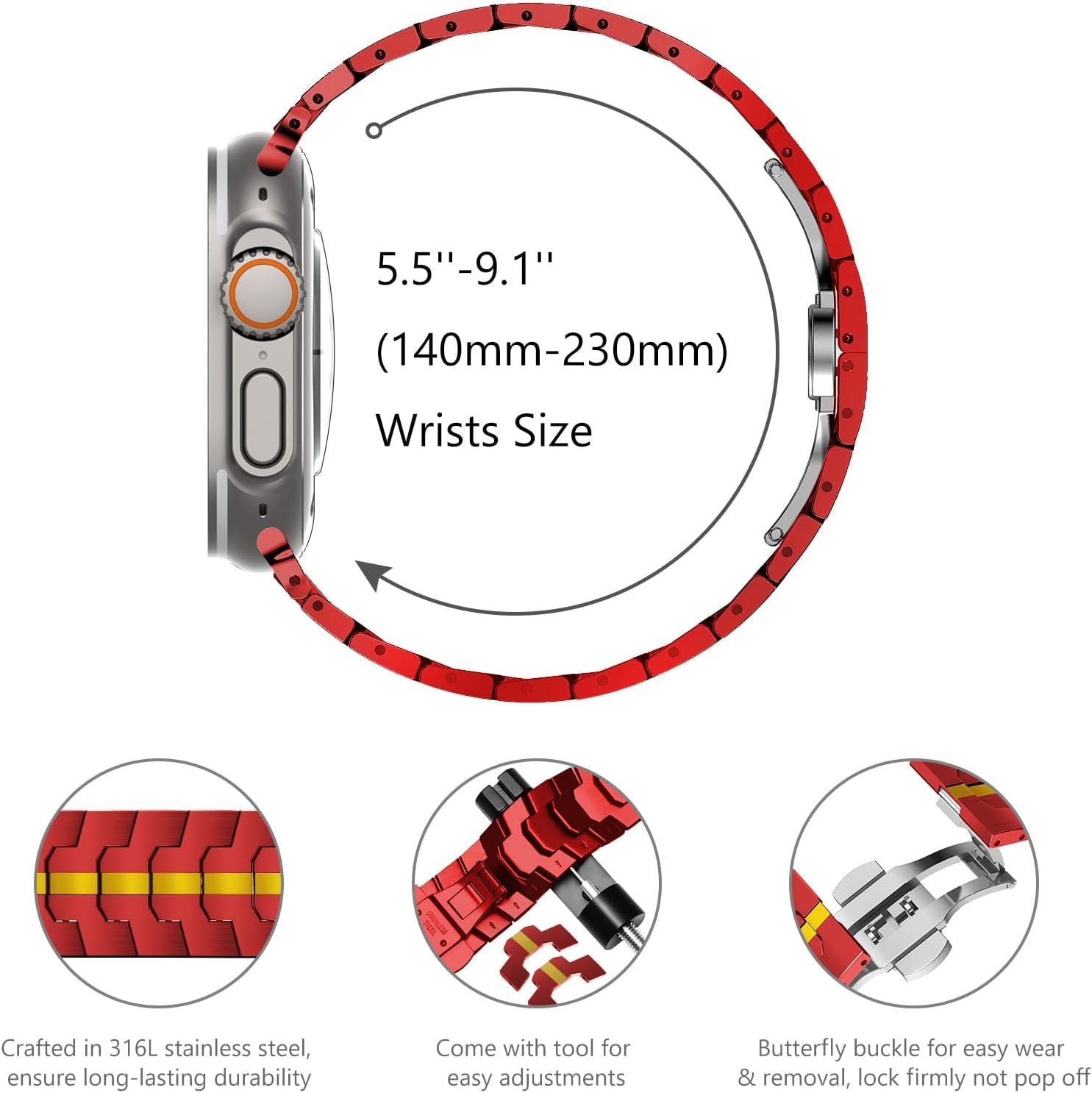 Stainless Steel Watch Band Compatible with Apple Watch Ultra Series Red Gold, 42mm 44mm 45mm 49mm