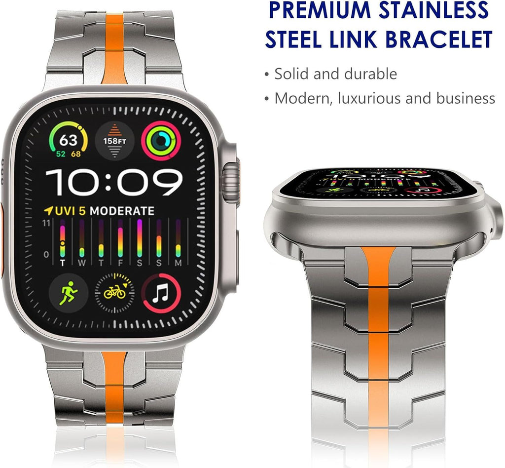 Stainless Steel Watch Band Compatible with Apple Watch Ultra Series Silver Orange, 42mm 44mm 45mm 49mm