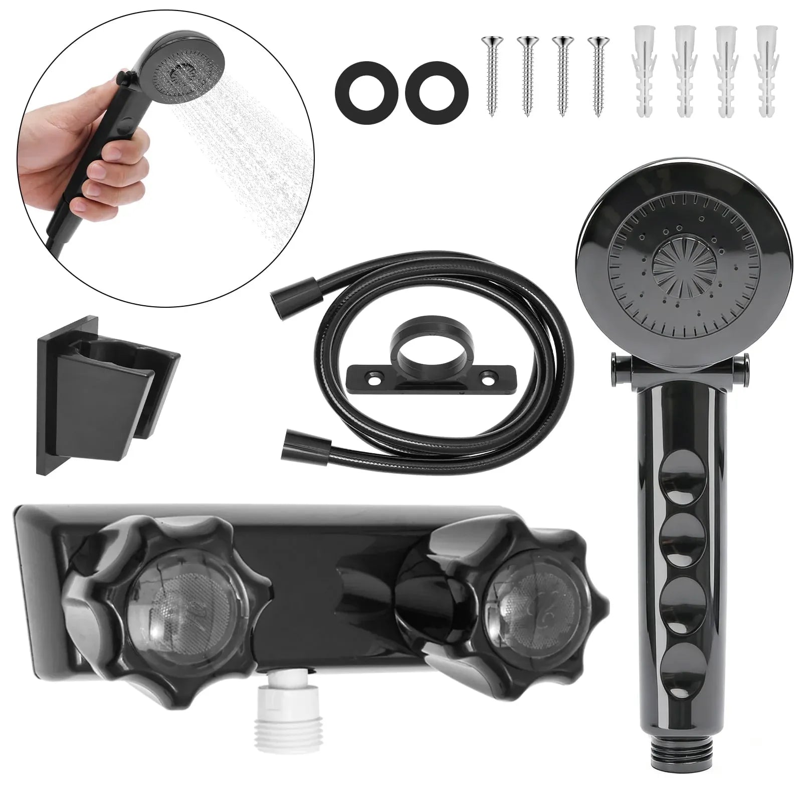 RV Shower Faucet Set, 4 Inch Black Mixer Valve with Handheld Showerhead and Hose for Camper Trailer