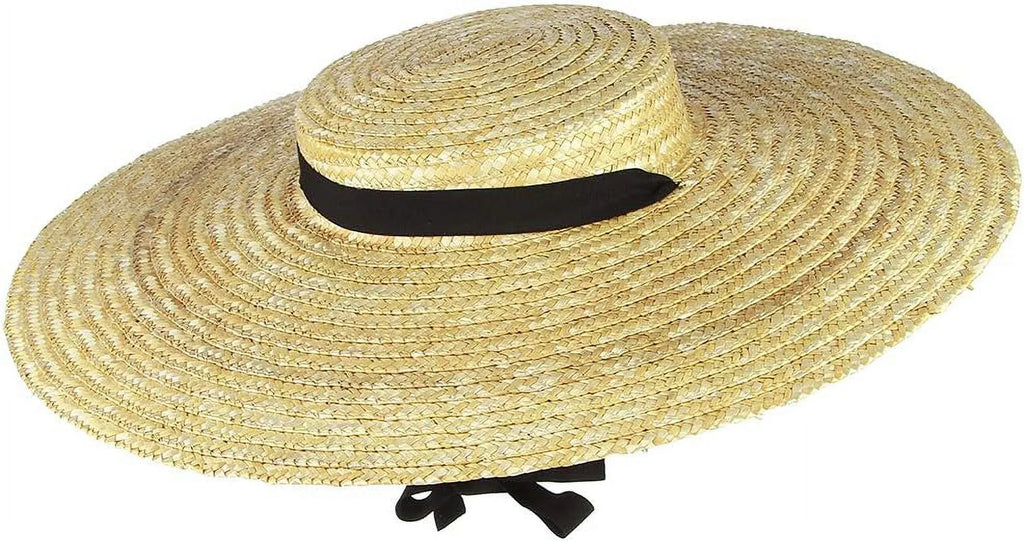 Women's Straw Boater Hat, Wide Brim Flat Top Sun Hat with Chin Strap for Beach Derby, Beige 12cm