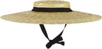 Women's Straw Boater Hat, Wide Brim Flat Top Sun Hat with Chin Strap for Beach Derby, Beige 12cm