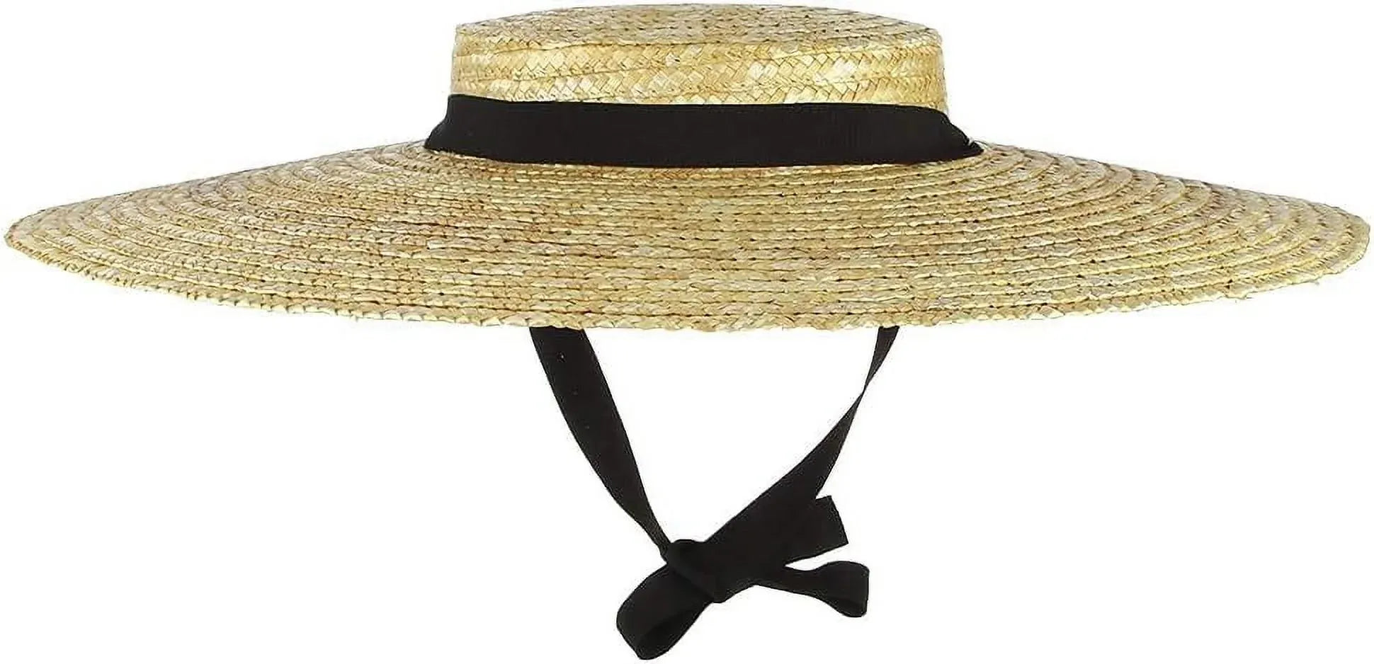 Women's Straw Boater Hat, Wide Brim Flat Top Sun Hat with Chin Strap for Beach Derby, Beige 12cm