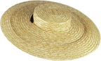 Women's Straw Boater Hat, Wide Brim Flat Top Sun Hat with Chin Strap for Beach Derby, Beige 12cm
