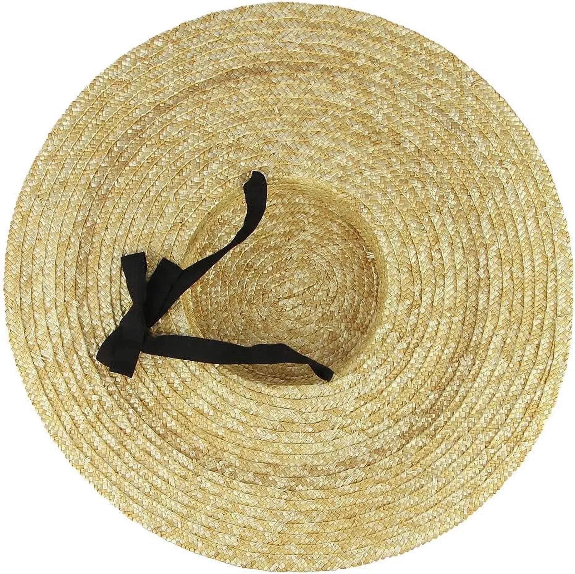 Women's Straw Boater Hat, Wide Brim Flat Top Sun Hat with Chin Strap for Beach Derby, Beige 12cm