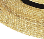 Women's Straw Boater Hat, Wide Brim Flat Top Sun Hat with Chin Strap for Beach Derby, Beige 12cm