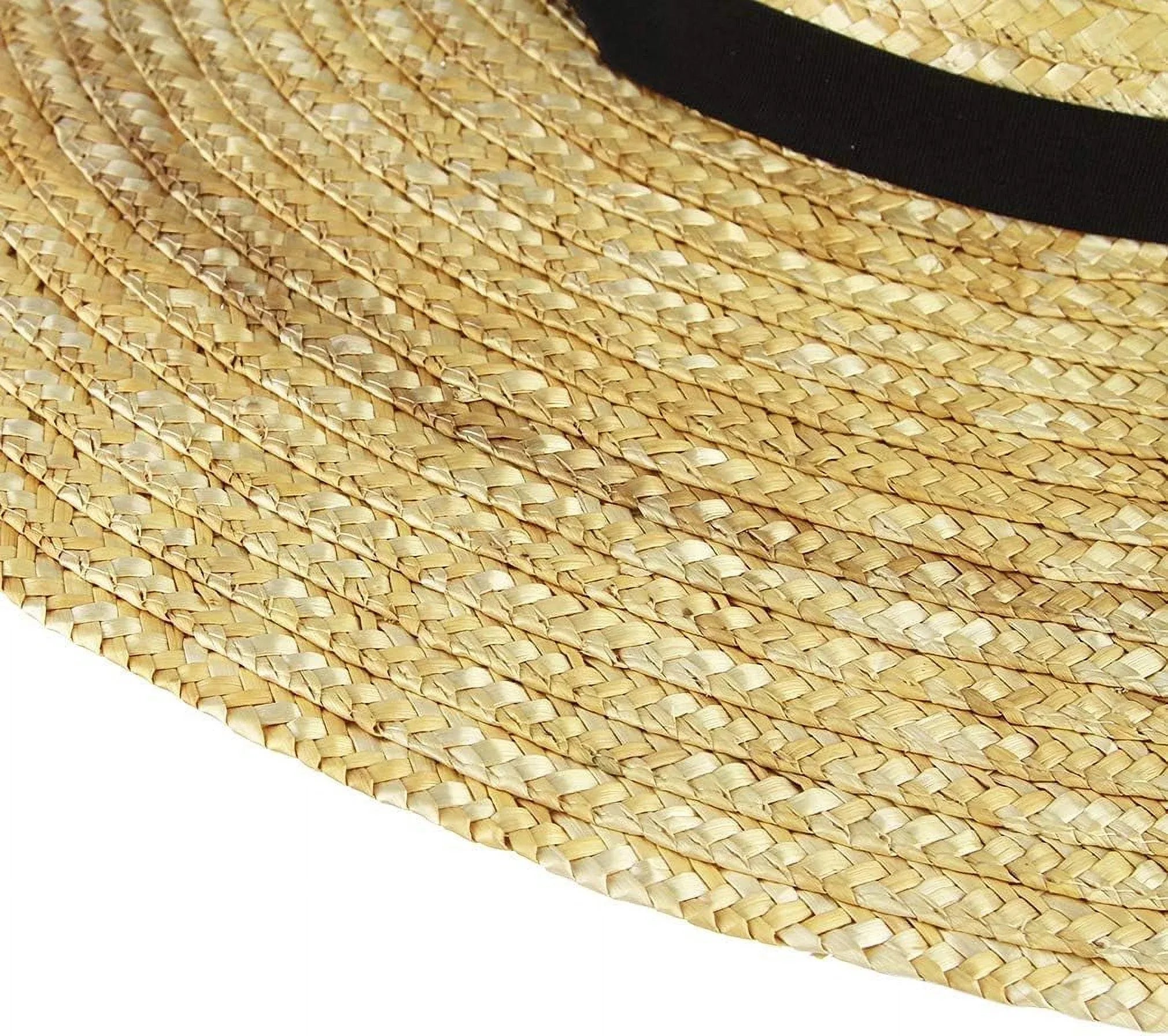 Women's Straw Boater Hat, Wide Brim Flat Top Sun Hat with Chin Strap for Beach Derby, Beige 12cm