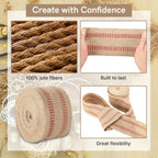 Jute Webbing Tape Roll, Natural Burlap Upholstery Strap for Chair Repair, Red Stitch 3.5 In x 5M
