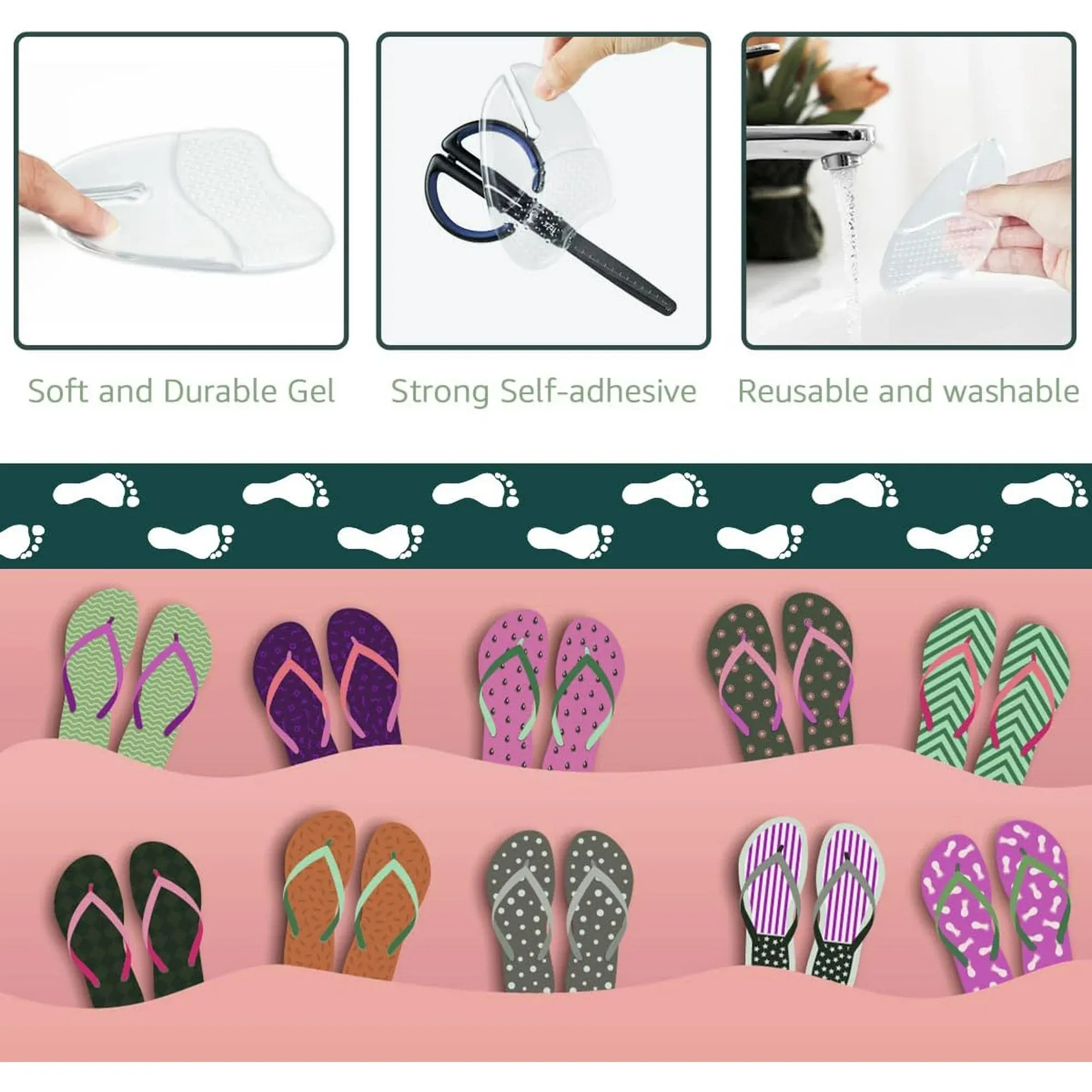 3 Pairs Gel Metatarsal Pads for Flip Flops, Washable Ball of Foot Cushions for Thong Sandals