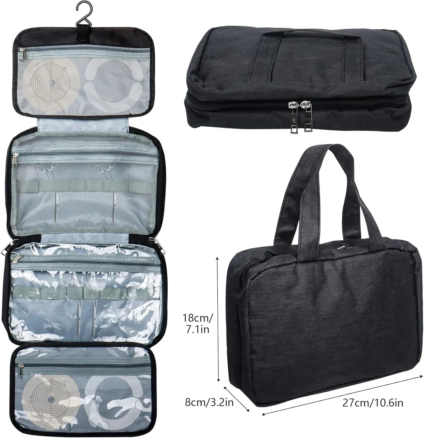 Ostomy Travel Bag Organizer, Waterproof 4 Compartment Hanging Pouch for Colostomy Supplies, Black