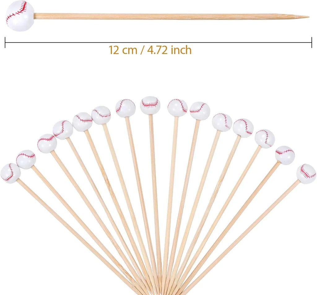 100 Pcs Baseball Cocktail Picks, 4.7 Inch Bamboo Appetizer Fruit Skewers for Sports Parties